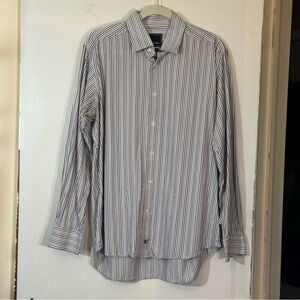 David Donahue Trim Fit Dress Shirt Men's 17 34/35 Long Sleeve White Striped Slim